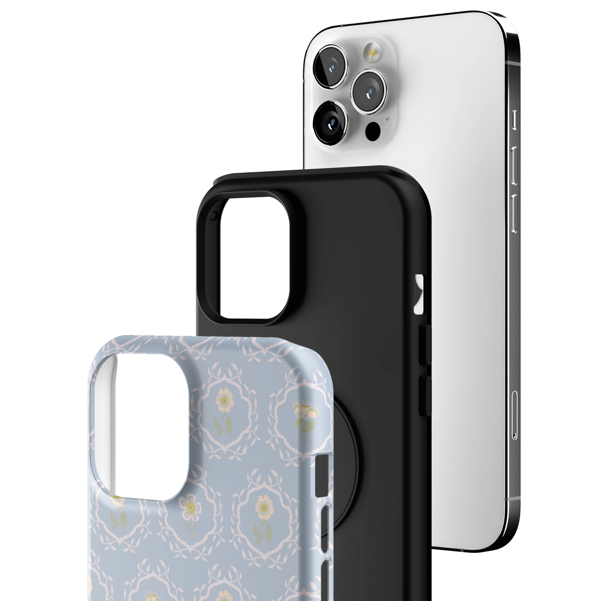 Exploded view of the Merrigold iPhone 12 Pro Max case: printed shell, black inner layer with MagSafe ring, and phone