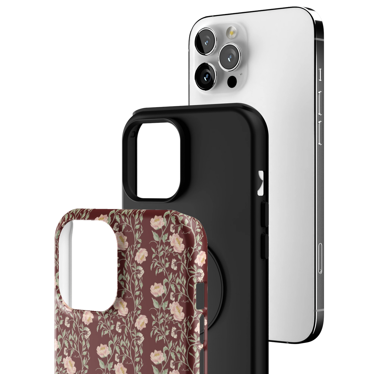 Exploded view of the Thicket iPhone 12 Pro Max case: printed shell, black inner layer with MagSafe ring, and phone