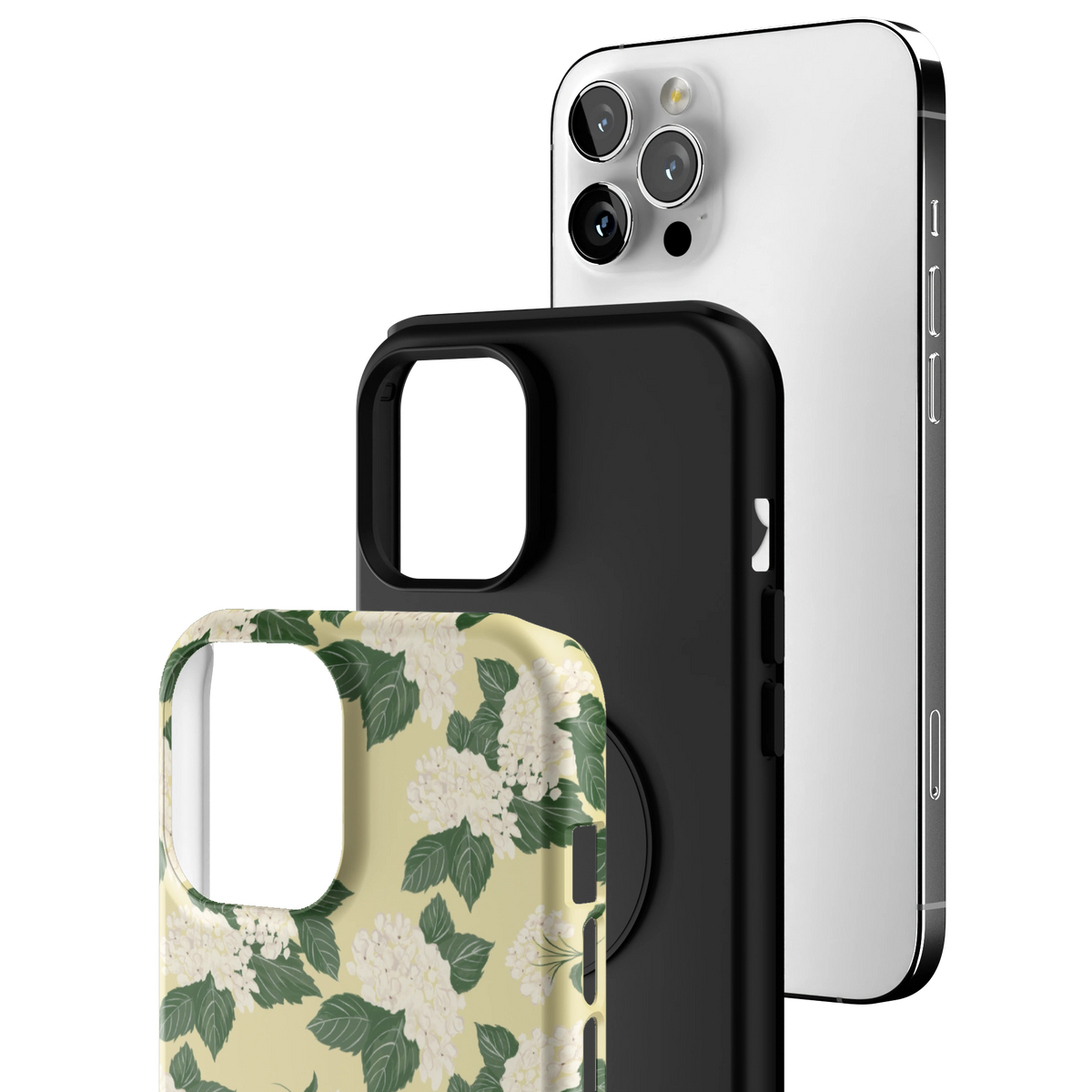 Exploded view of the Hydrangea iPhone 12 Pro Max case: printed shell, black inner layer with MagSafe ring, and phone
