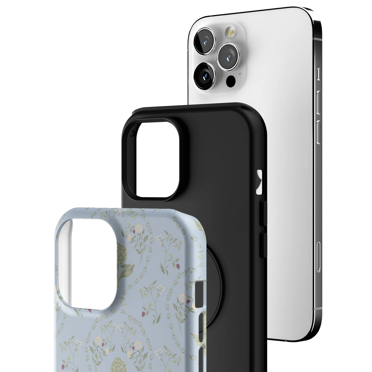 Exploded view of the Artichoke iPhone 12 Pro Max case: printed shell, black inner layer with MagSafe ring, and phone