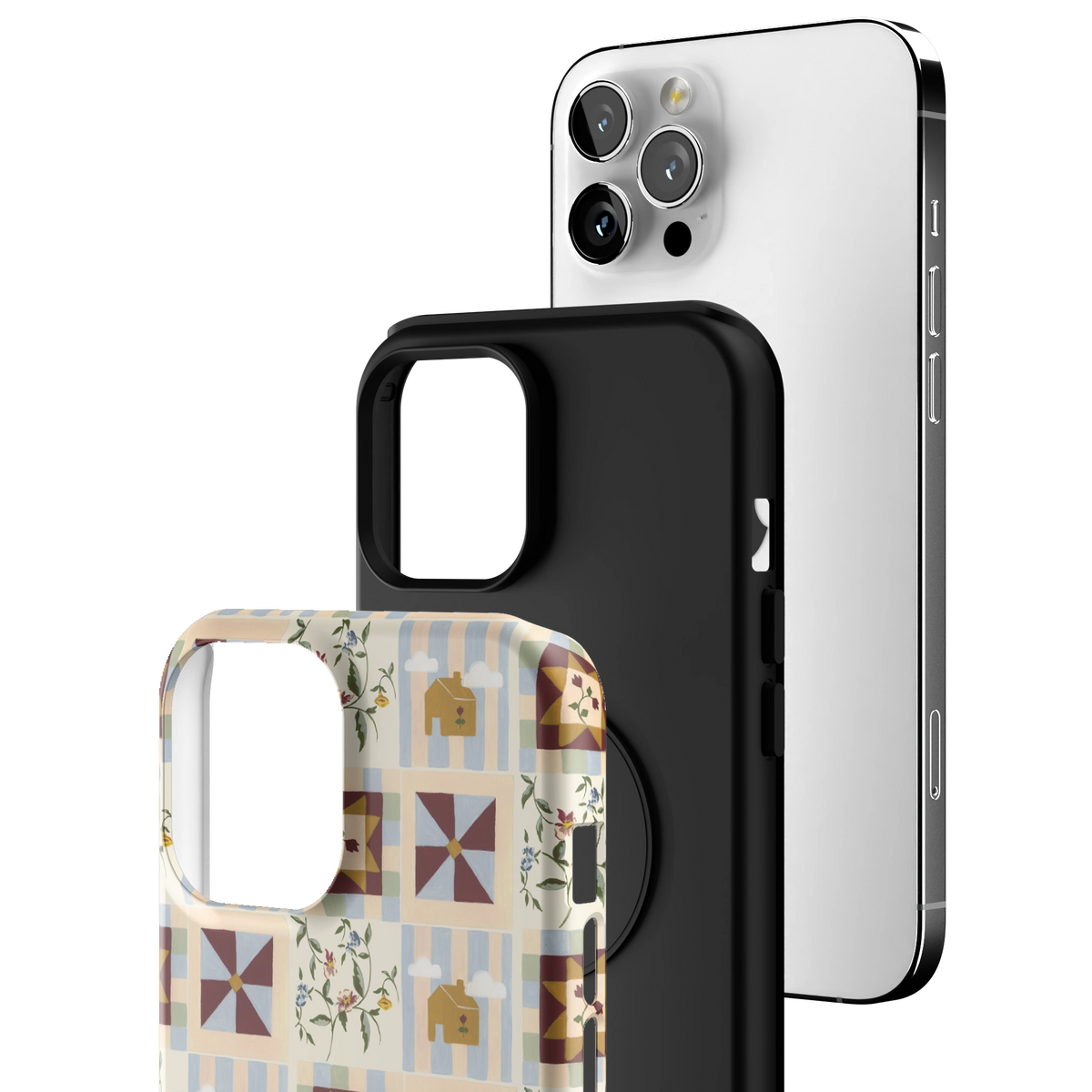 Exploded view of the Pinwheel Personalized iPhone 12 Pro Max case: printed shell, black inner layer with MagSafe ring, and phone