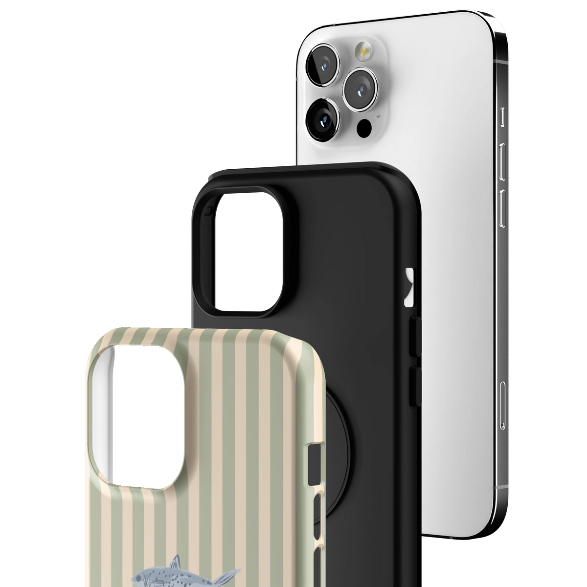 Exploded view of the Sea Stripes Personalized iPhone 12 Pro Max case: printed shell, black inner layer with MagSafe ring, and phone