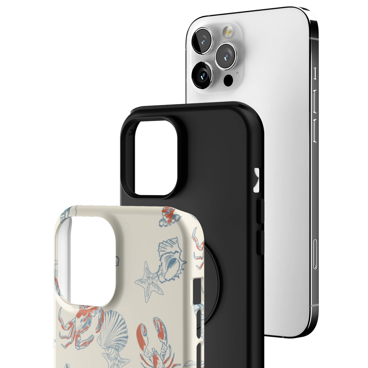 Exploded view of the Mariner Personalized iPhone 12 Pro Max case: printed shell, black inner layer with MagSafe ring, and phone