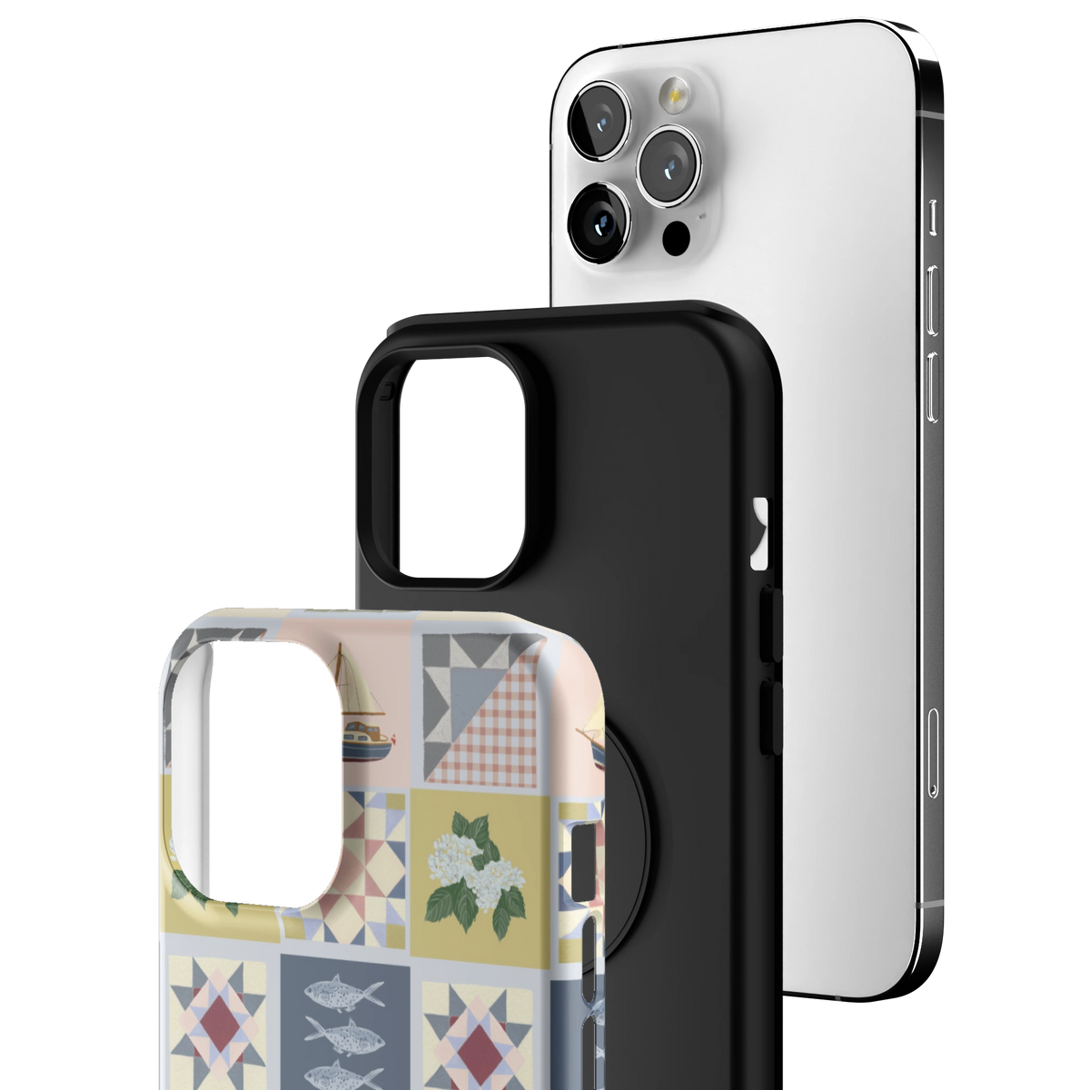 Exploded view of the Coastal Quilt iPhone 12 Pro Max case: printed shell, black inner layer with MagSafe ring, and phone
