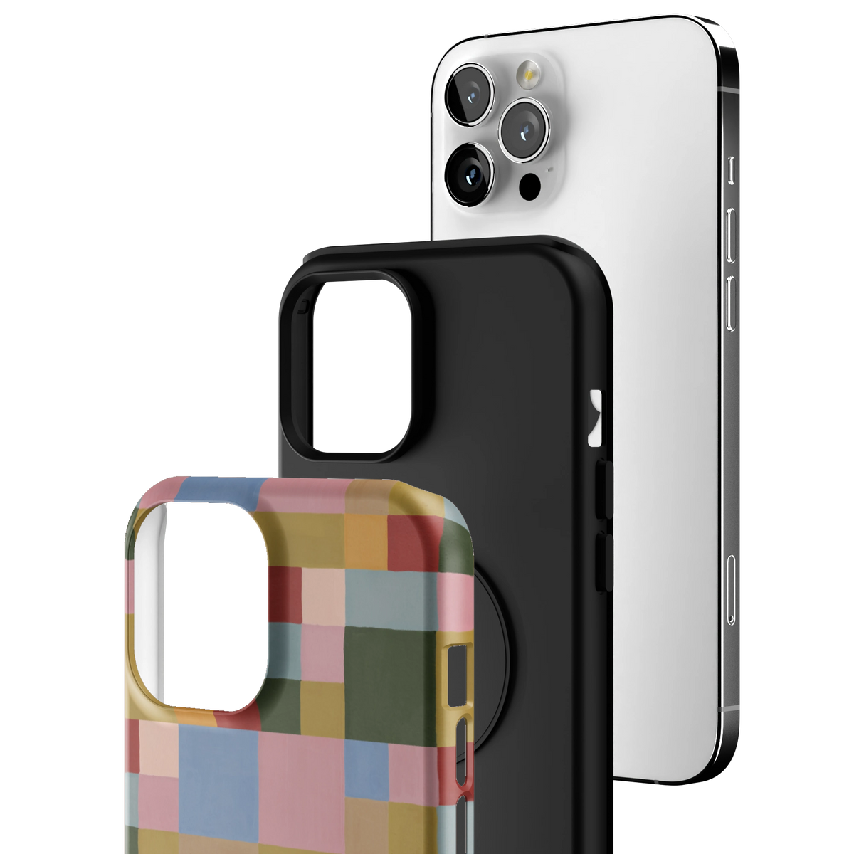 Exploded view of the Colorblock iPhone 12 Pro Max case: printed shell, black inner layer with MagSafe ring, and phone