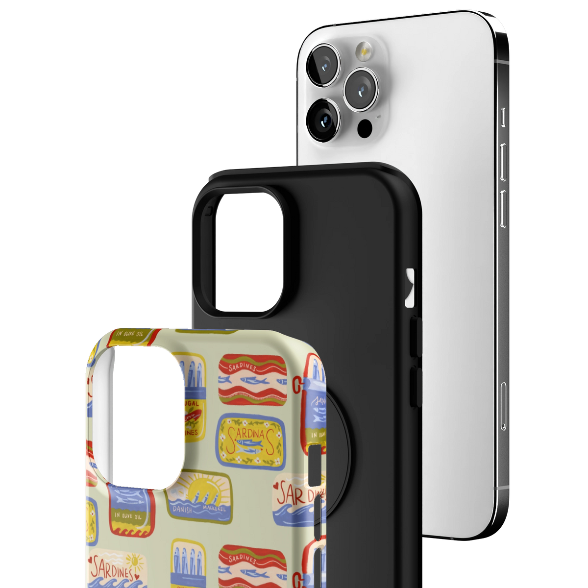 Exploded view of the Sardines iPhone 12 Pro Max case: printed shell, black inner layer with MagSafe ring, and phone