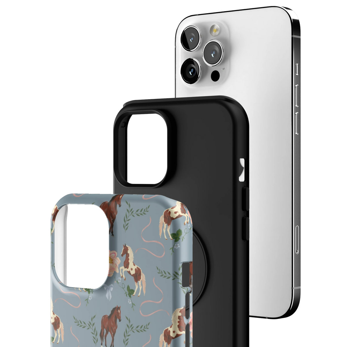 Exploded view of the Prairie Personalized iPhone 12 Pro Max case: printed shell, black inner layer with MagSafe ring, and phone