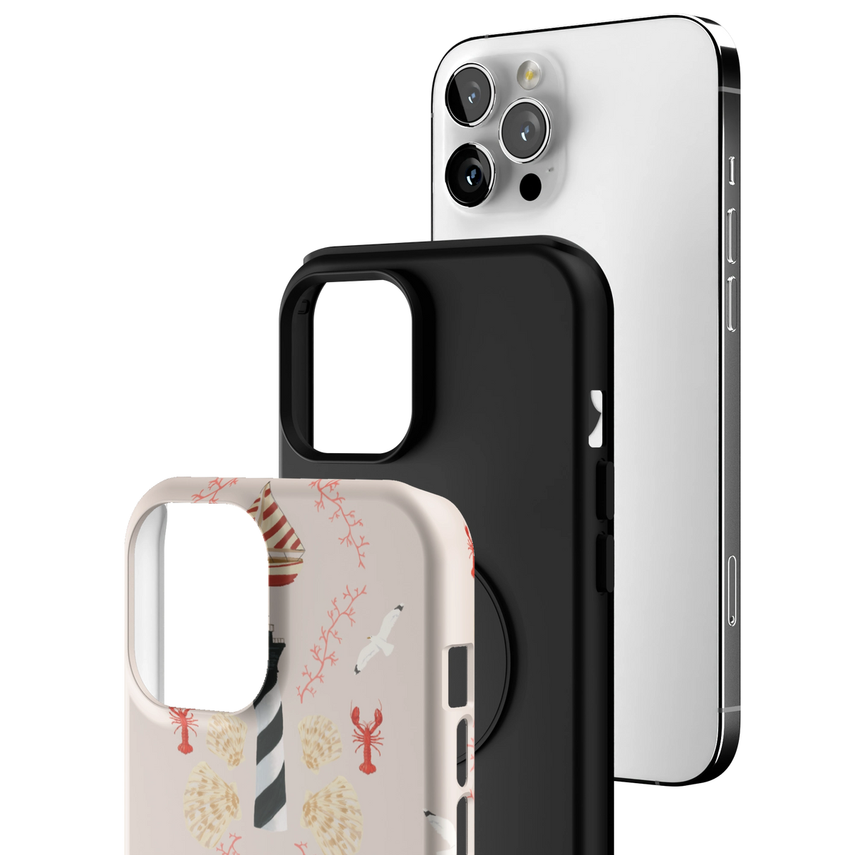 Exploded view of the Lighthouse Personalized iPhone 12 Pro Max case: printed shell, black inner layer with MagSafe ring, and phone