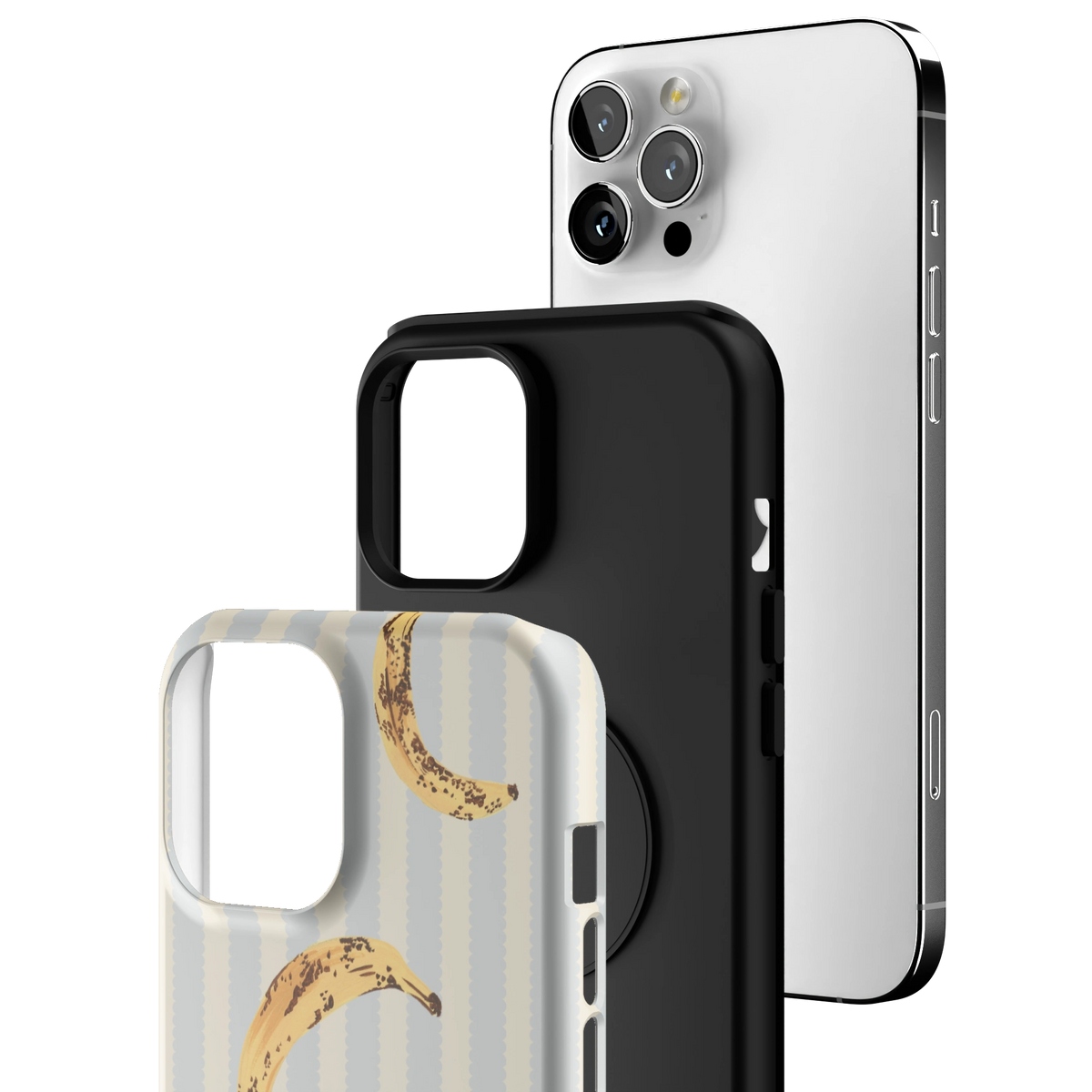 Exploded view of the Striped Bananas Personalized iPhone 12 Pro Max case: printed shell, black inner layer with MagSafe ring, and phone