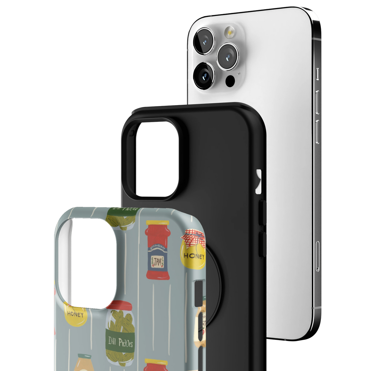Exploded view of the Preserves Personalized iPhone 12 Pro Max case: printed shell, black inner layer with MagSafe ring, and phone