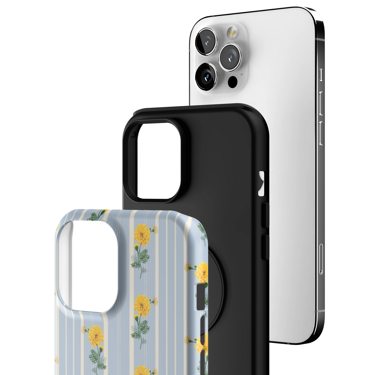 Exploded view of the October Birth Month iPhone 12 Pro Max case: printed shell, black inner layer with MagSafe ring, and phone