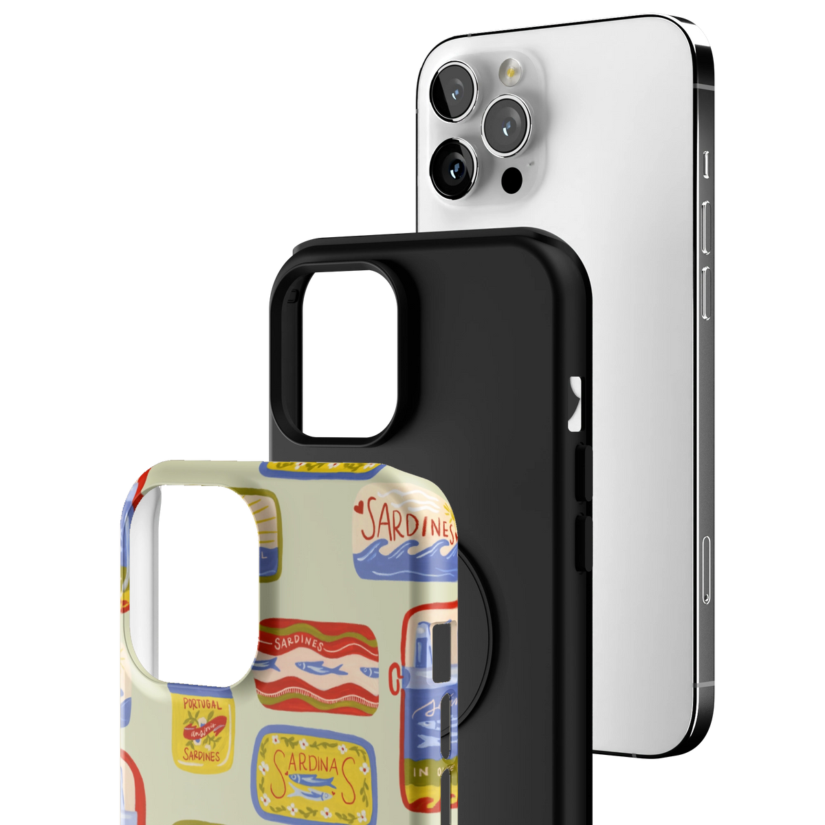 Exploded view of the Sardines Personalized iPhone 12 Pro Max case: printed shell, black inner layer with MagSafe ring, and phone