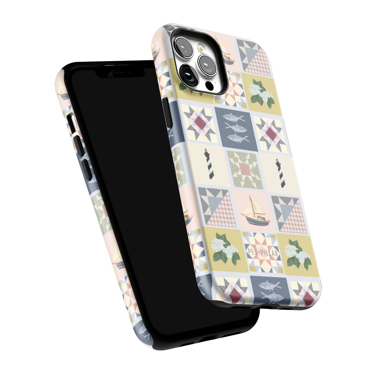 Coastal Quilt iPhone 12 Pro Max case tilted to show the raised edges around the screen and camera