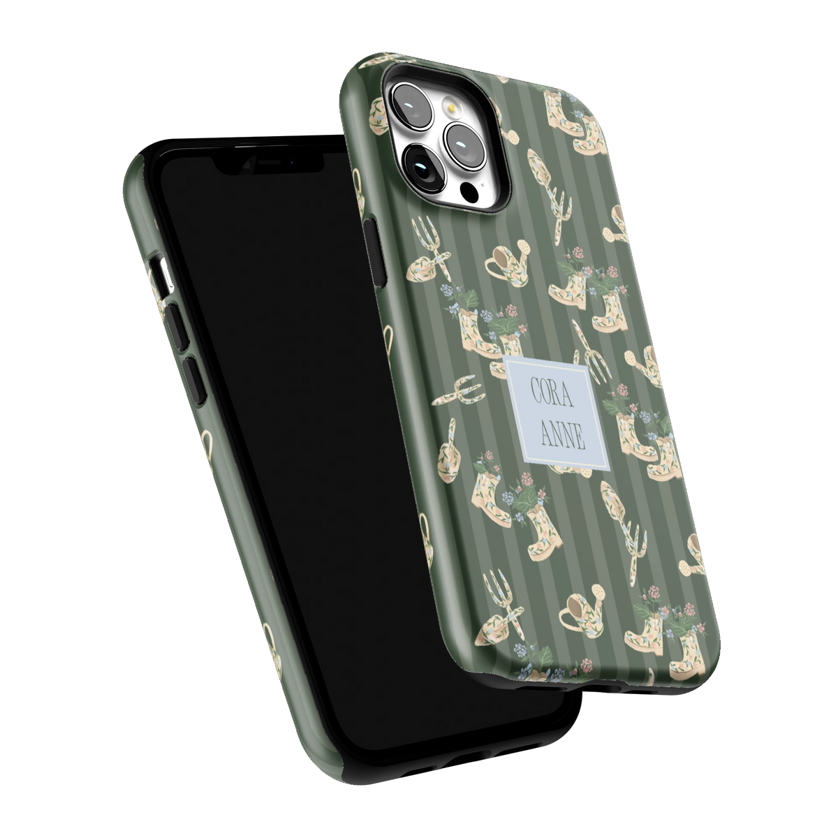 In the Garden Personalized iPhone 12 Pro Max case tilted to show the raised edges around the screen and camera