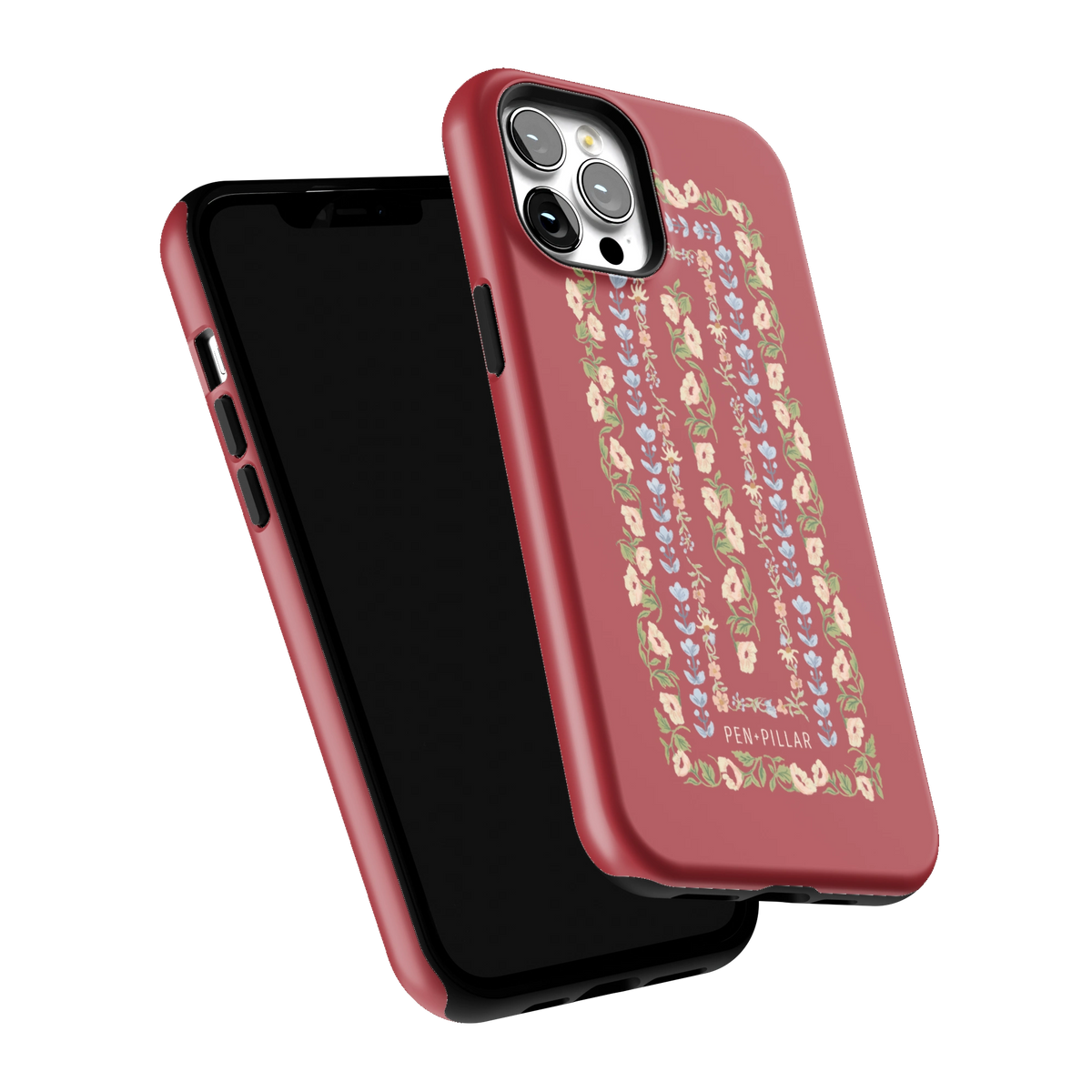 Fiona iPhone 12 Pro Max case tilted to show the raised edges around the screen and camera