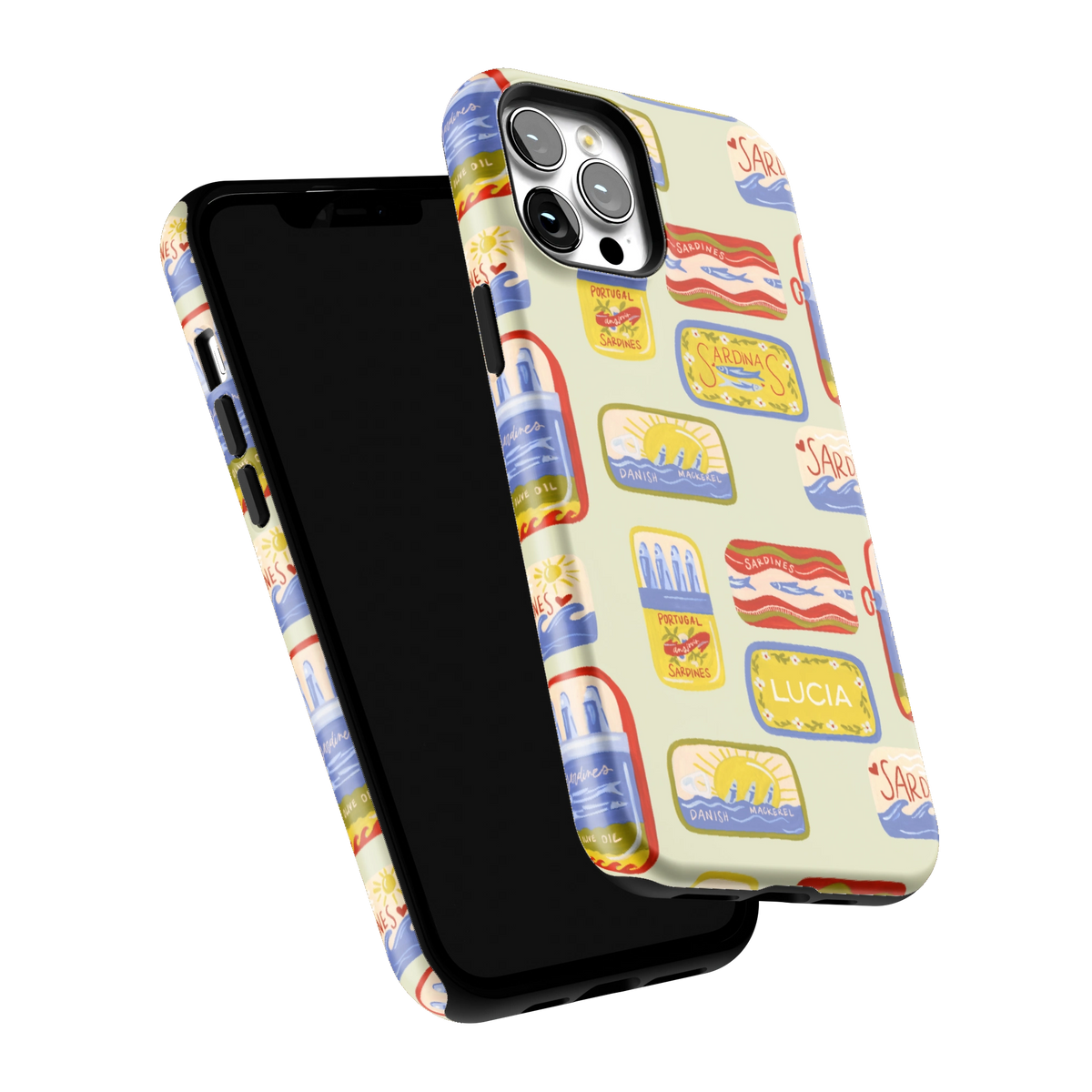 Sardines Personalized iPhone 12 Pro Max case tilted to show the raised edges around the screen and camera