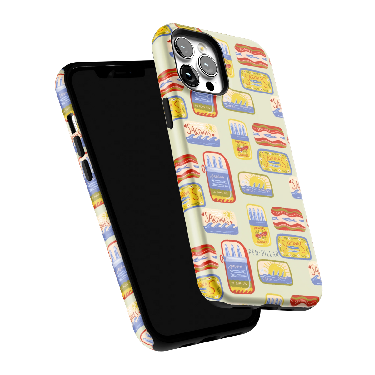 Sardines iPhone 12 Pro Max case tilted to show the raised edges around the screen and camera