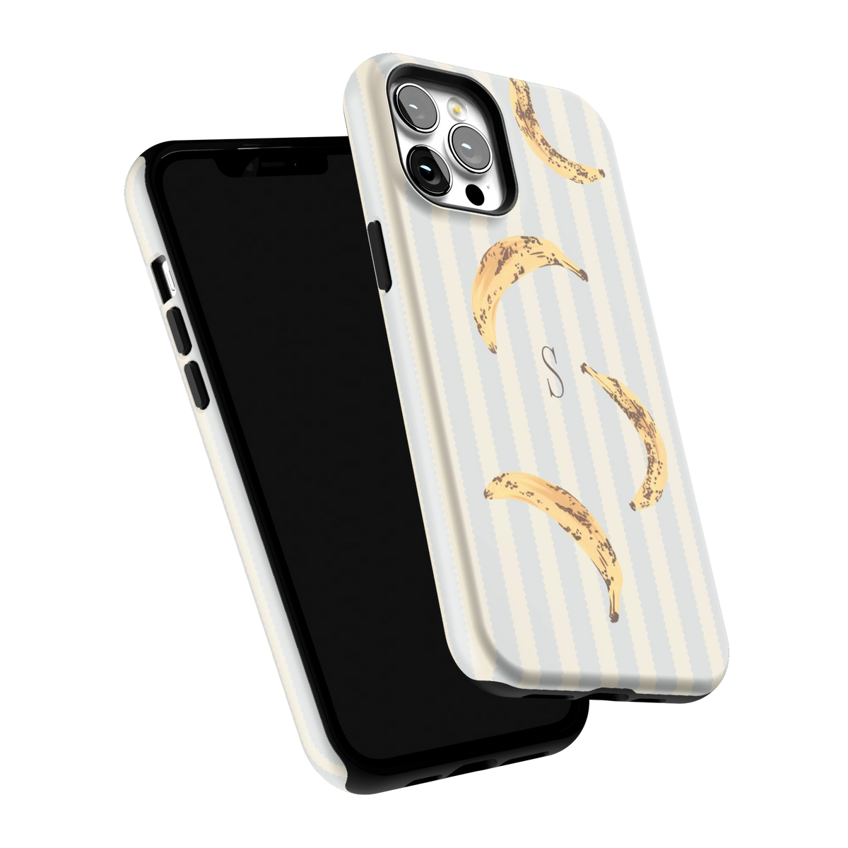 Striped Bananas Personalized iPhone 12 Pro Max case tilted to show the raised edges around the screen and camera