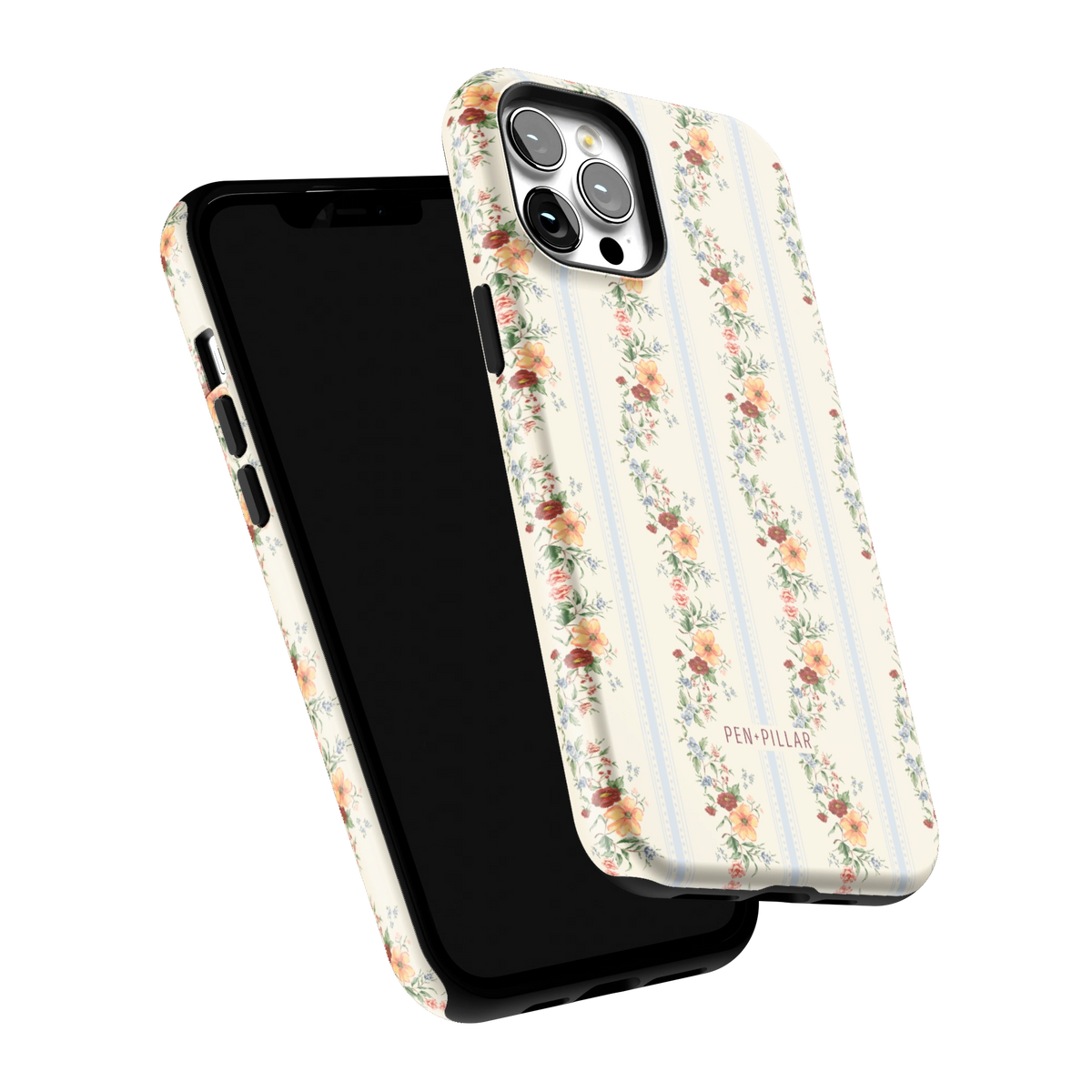 Wallflower iPhone 12 Pro Max case tilted to show the raised edges around the screen and camera