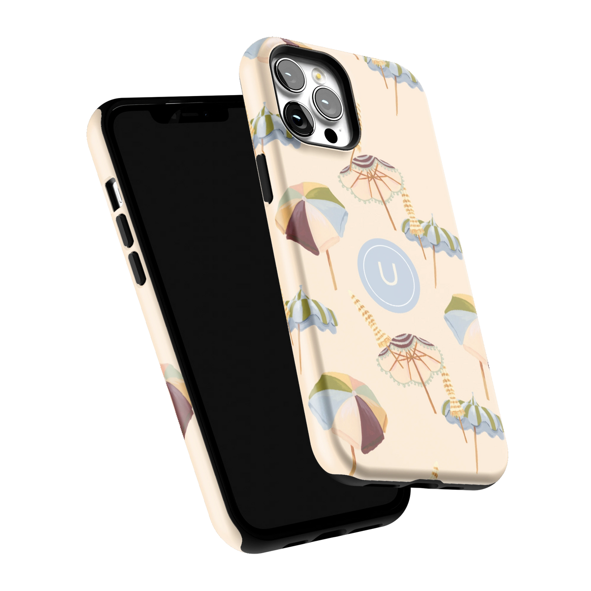 Umbrellas Personalized iPhone 12 Pro Max case tilted to show the raised edges around the screen and camera