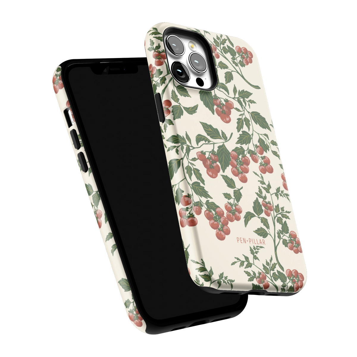 Tomato Vines iPhone 12 Pro Max case tilted to show the raised edges around the screen and camera