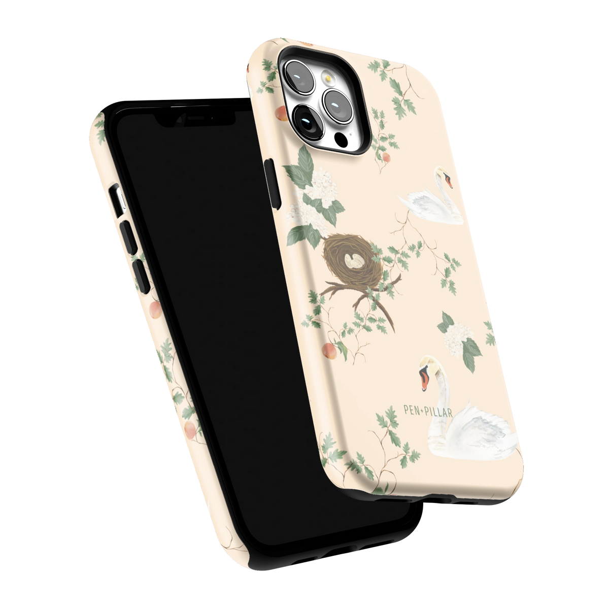 Swan Hollow iPhone 12 Pro Max case tilted to show the raised edges around the screen and camera