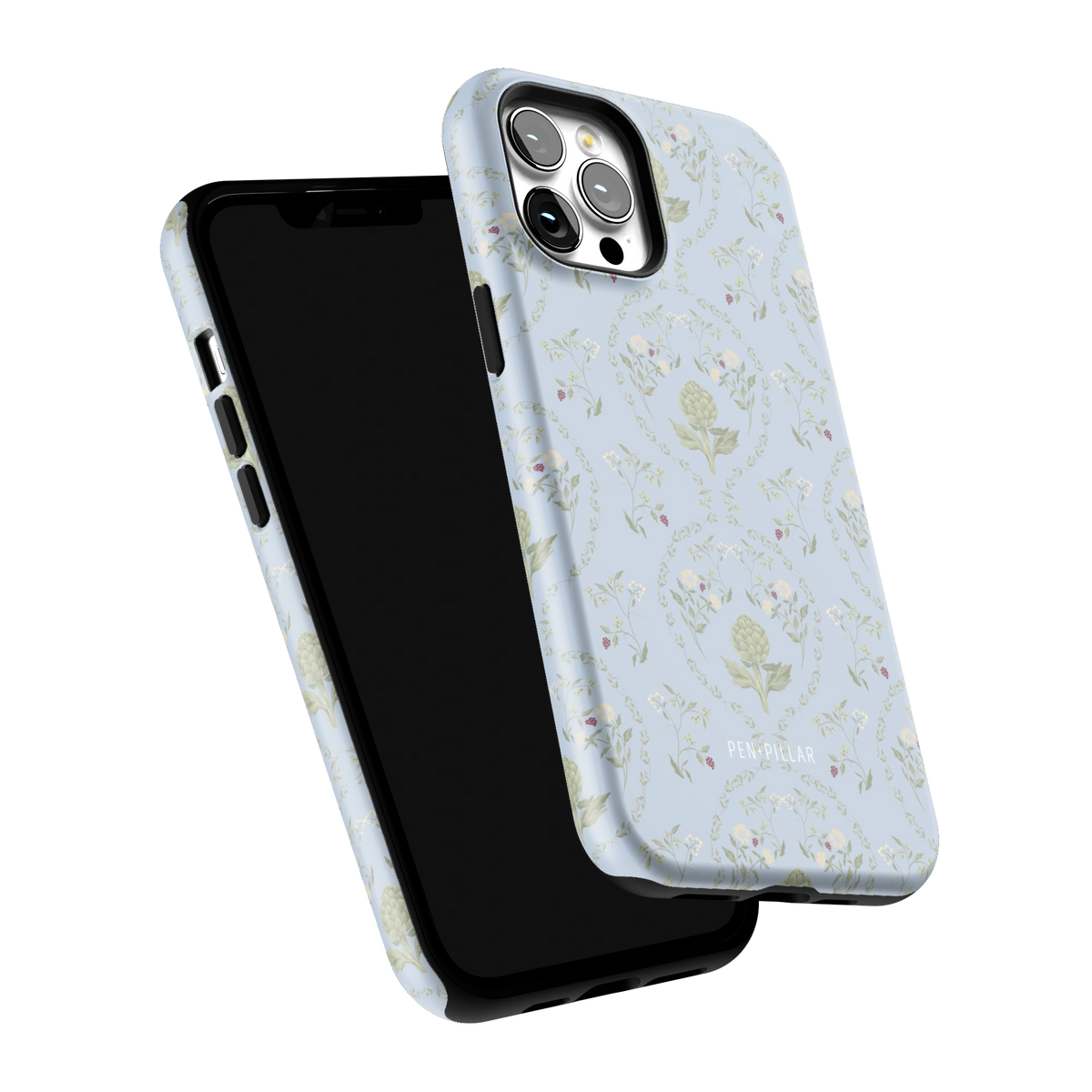 Artichoke iPhone 12 Pro Max case tilted to show the raised edges around the screen and camera