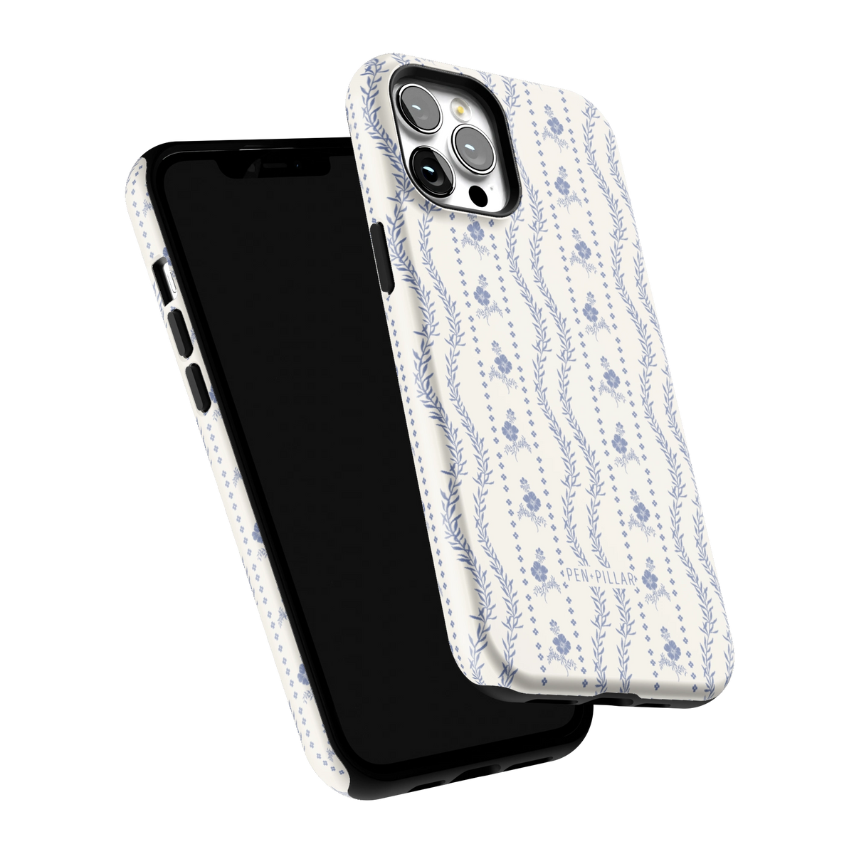 Riviera iPhone 12 Pro Max case tilted to show the raised edges around the screen and camera