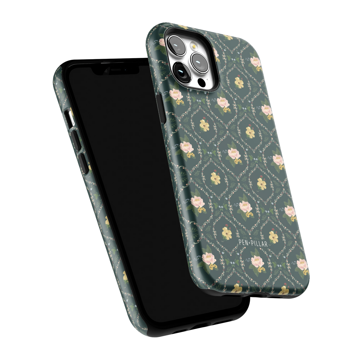Meadow iPhone 12 Pro Max case tilted to show the raised edges around the screen and camera