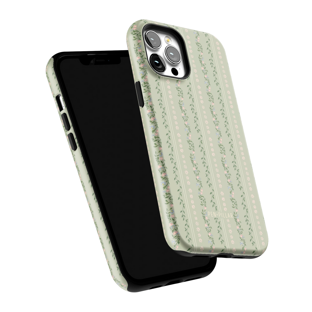 Camellia iPhone 12 Pro Max case tilted to show the raised edges around the screen and camera