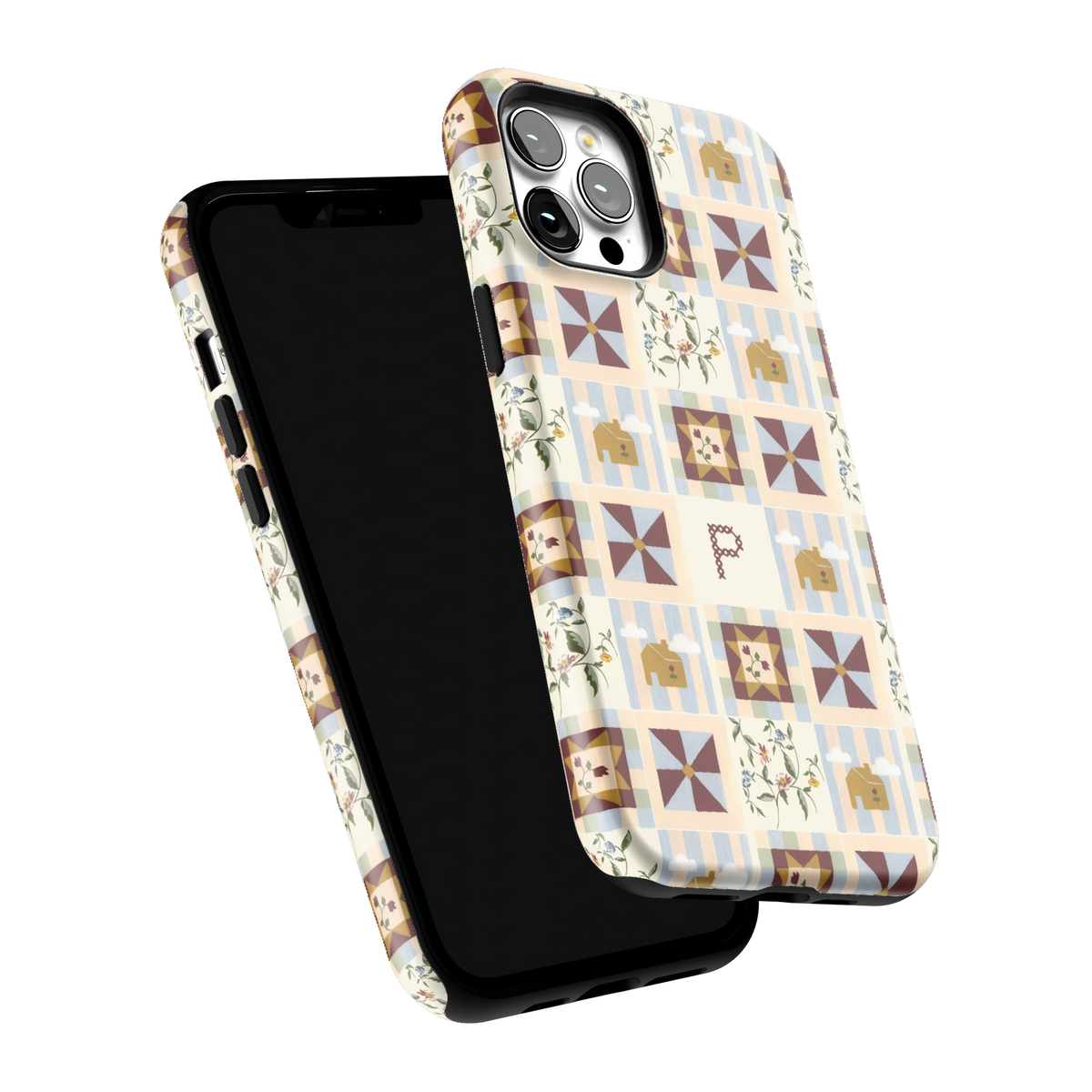 Pinwheel Personalized iPhone 12 Pro Max case tilted to show the raised edges around the screen and camera
