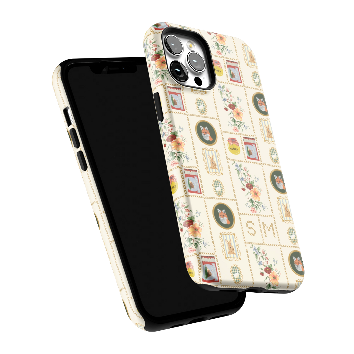 Sampler Personalized iPhone 12 Pro Max case tilted to show the raised edges around the screen and camera