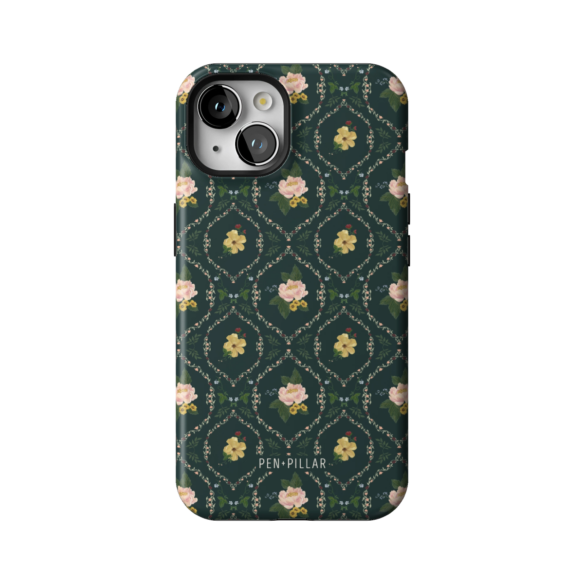 Meadow case on iPhone 13, back view: small yellow and pink flowers in a diamond trellis on deep green