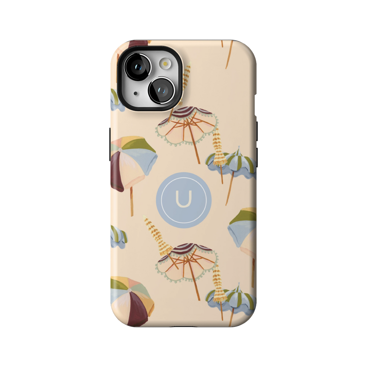 Umbrellas Personalized case on iPhone 13, back view: striped beach umbrellas and loungers on warm sand with the initial U