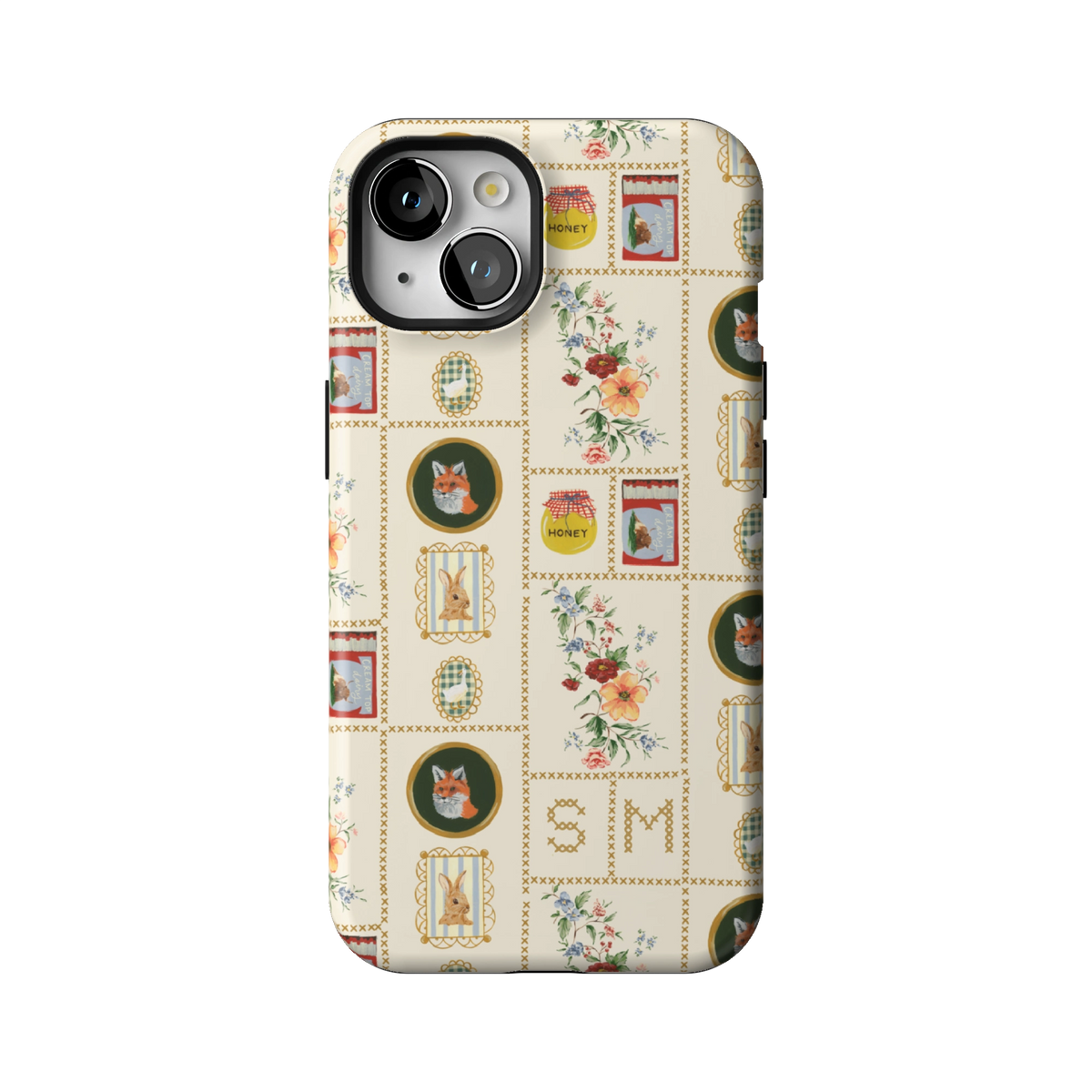 Sampler Personalized case on iPhone 13, back view: cross-stitch style squares of jars, animals and florals on cream with the initials SM