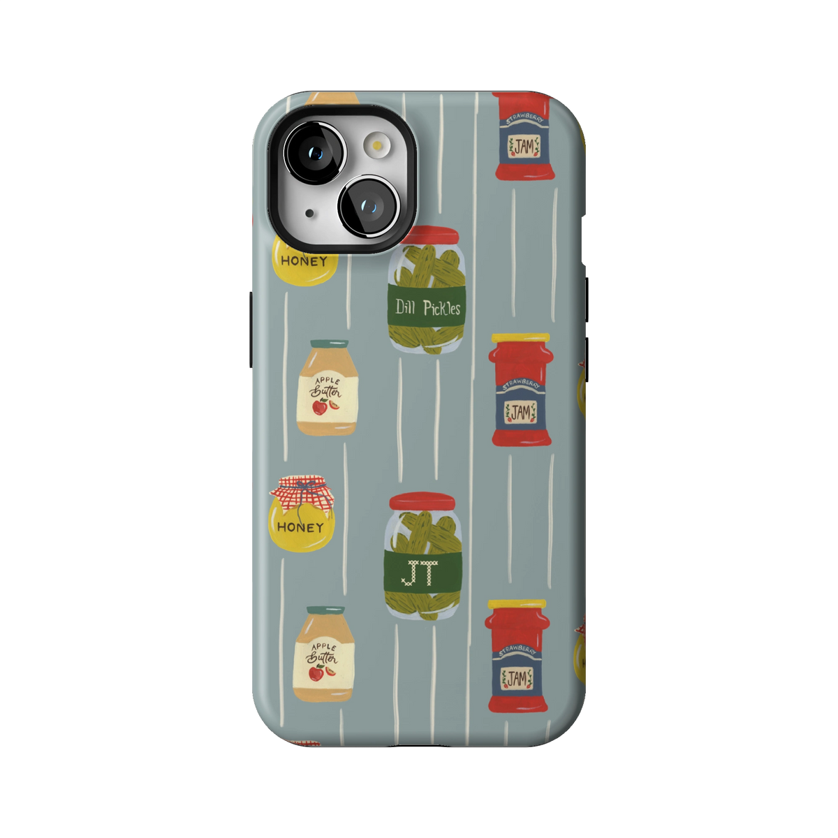 Preserves Personalized case on iPhone 13, back view: jars of honey, pickles and jam on slate blue stripes with the initials JT