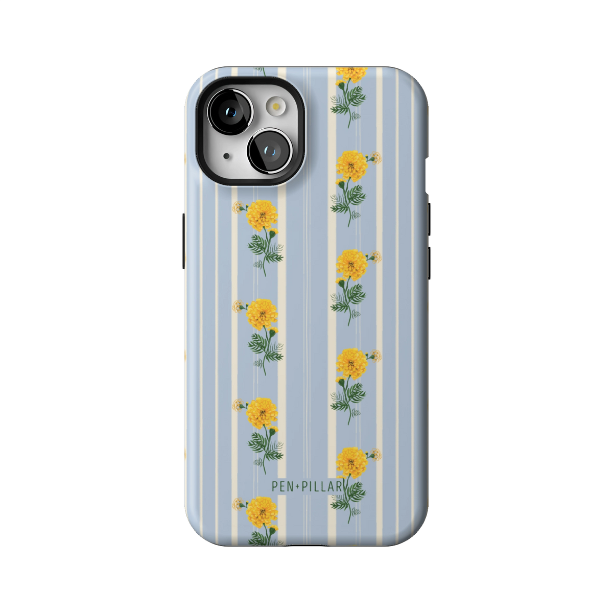 October Birth Month case on iPhone 13, back view: yellow marigolds on blue and cream stripes
