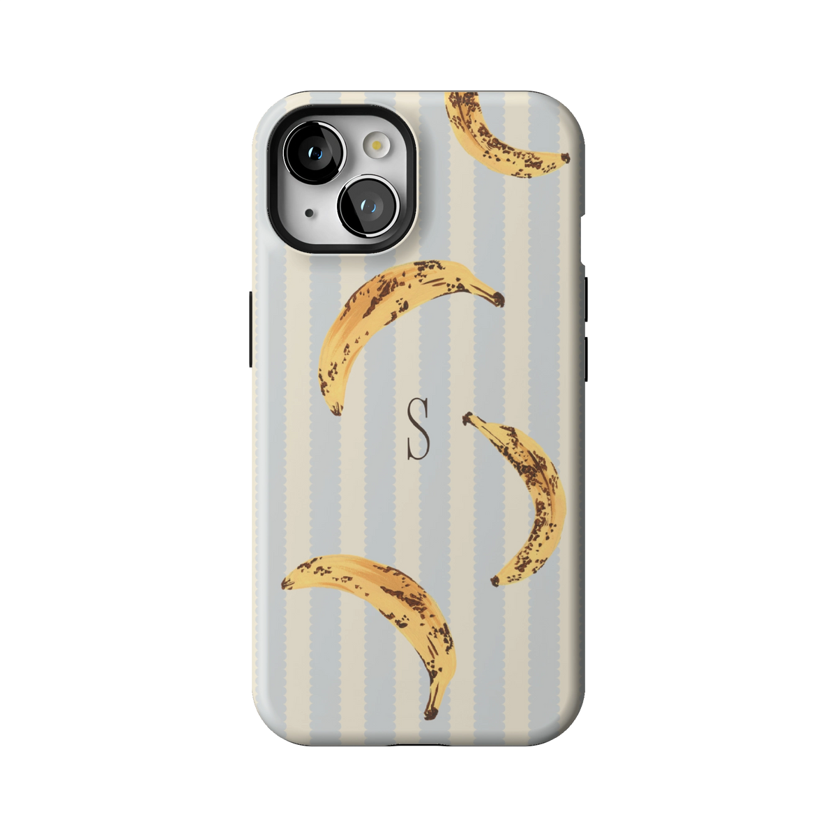 Striped Bananas Personalized case on iPhone 13, back view: ripe bananas on pale blue and cream stripes with the initial S