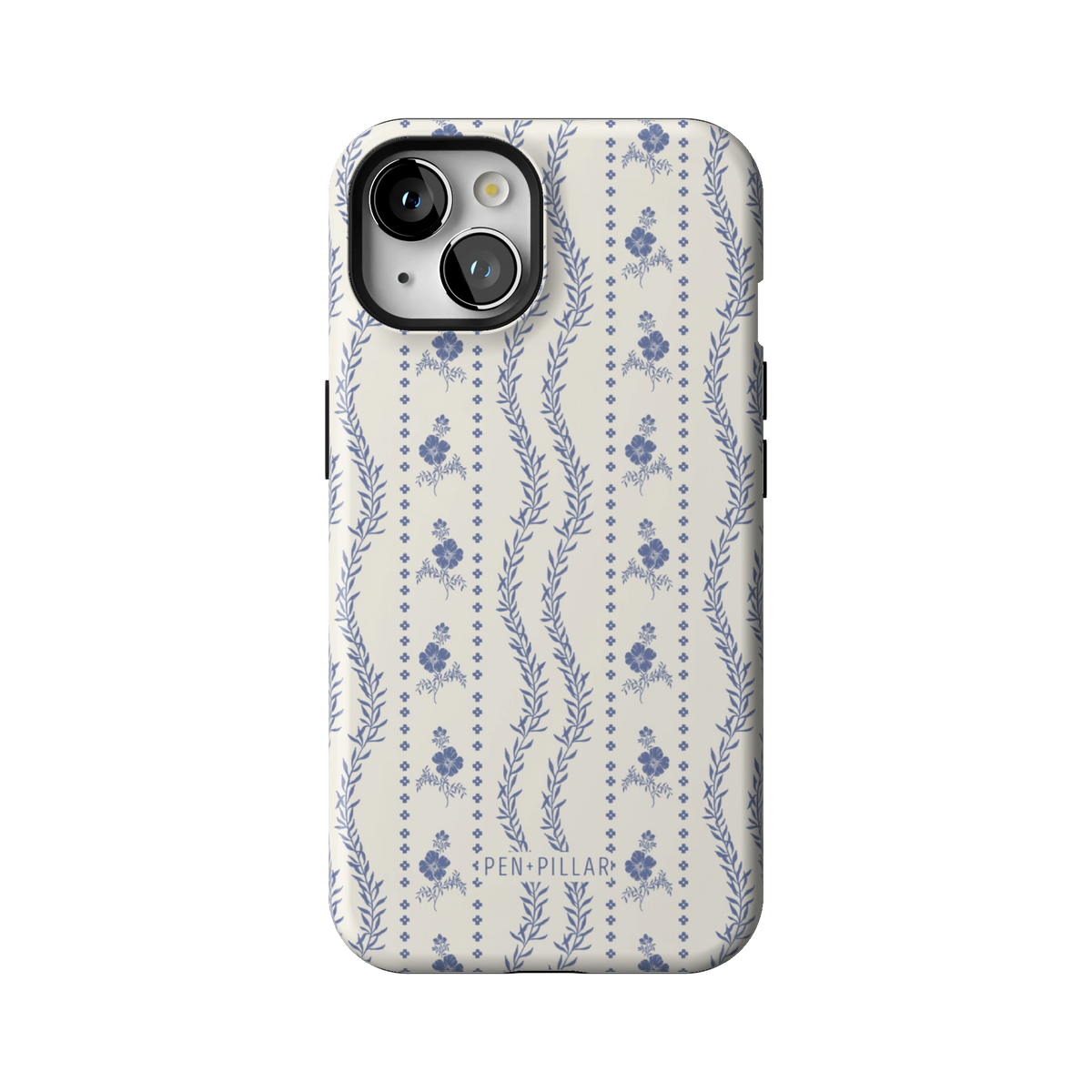 Riviera case on iPhone 13, back view: blue florals and vines in stripes on white