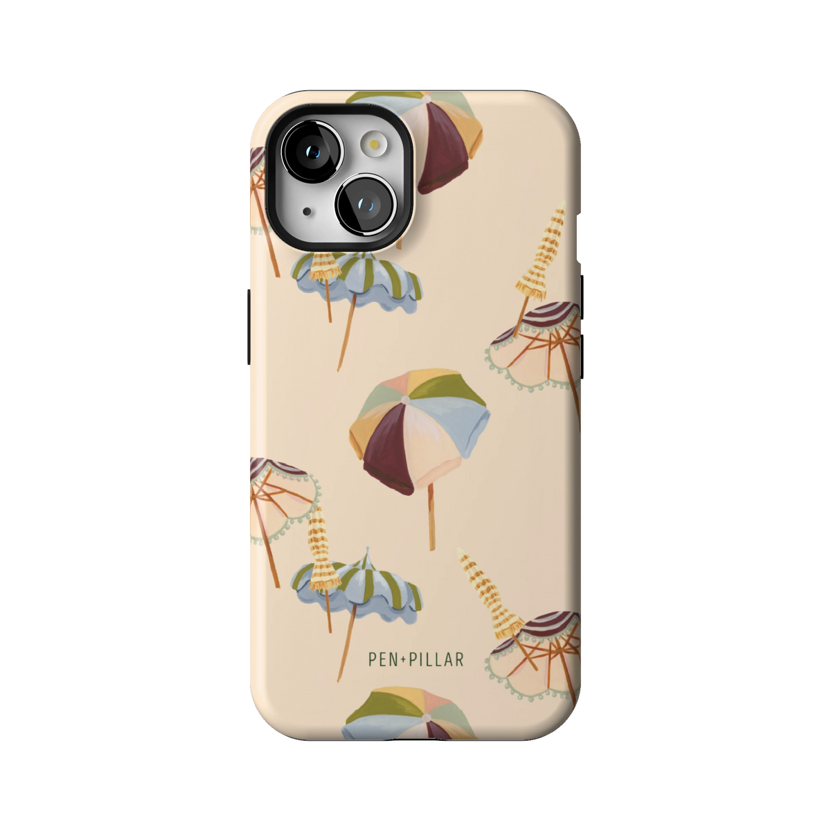 Umbrellas case on iPhone 13, back view: striped beach umbrellas and loungers on warm sand