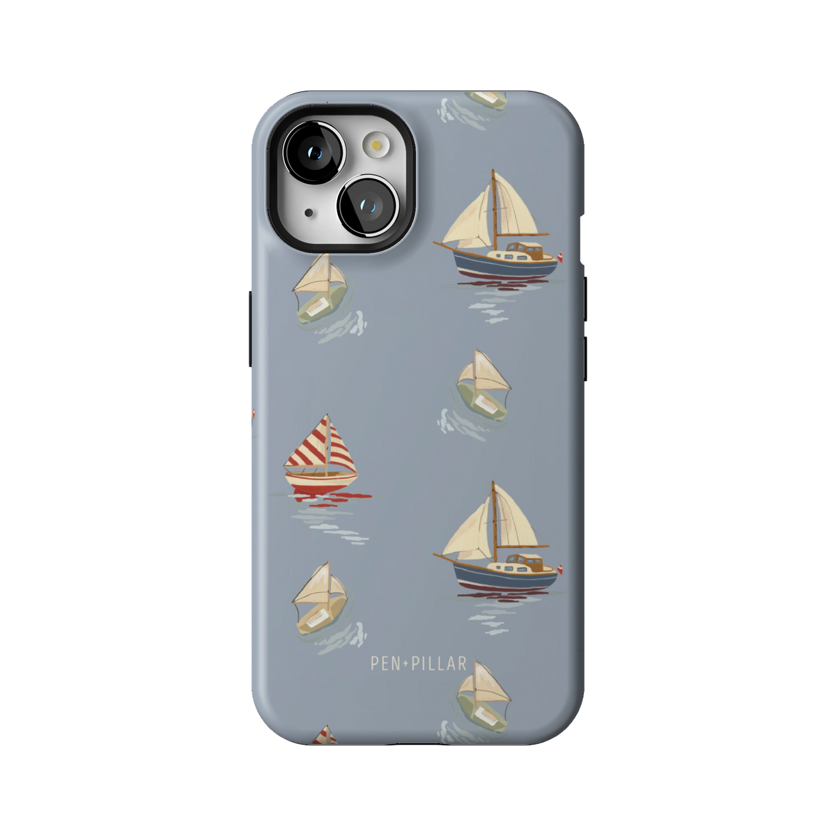 Harbor case on iPhone 13, back view: sailboats and paper boats on dusty blue