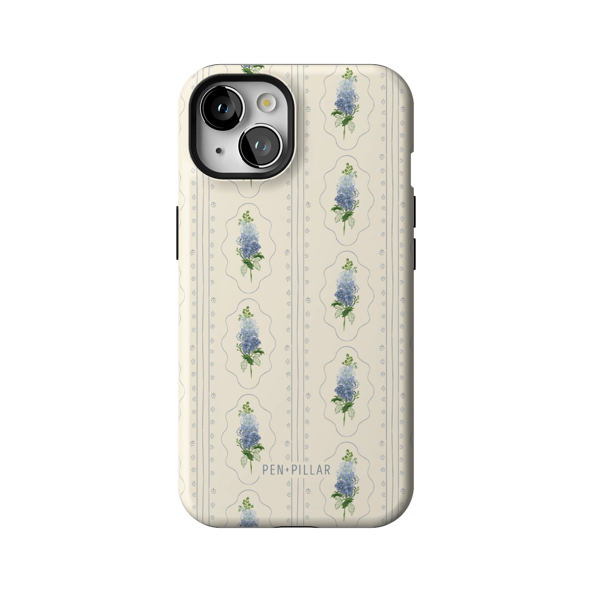 July Birth Month case on iPhone 13, back view: blue larkspur in cream frames