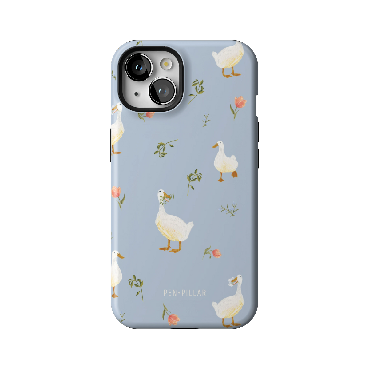 Ducks case on iPhone 13, back view: white ducks and small flower sprigs on soft blue
