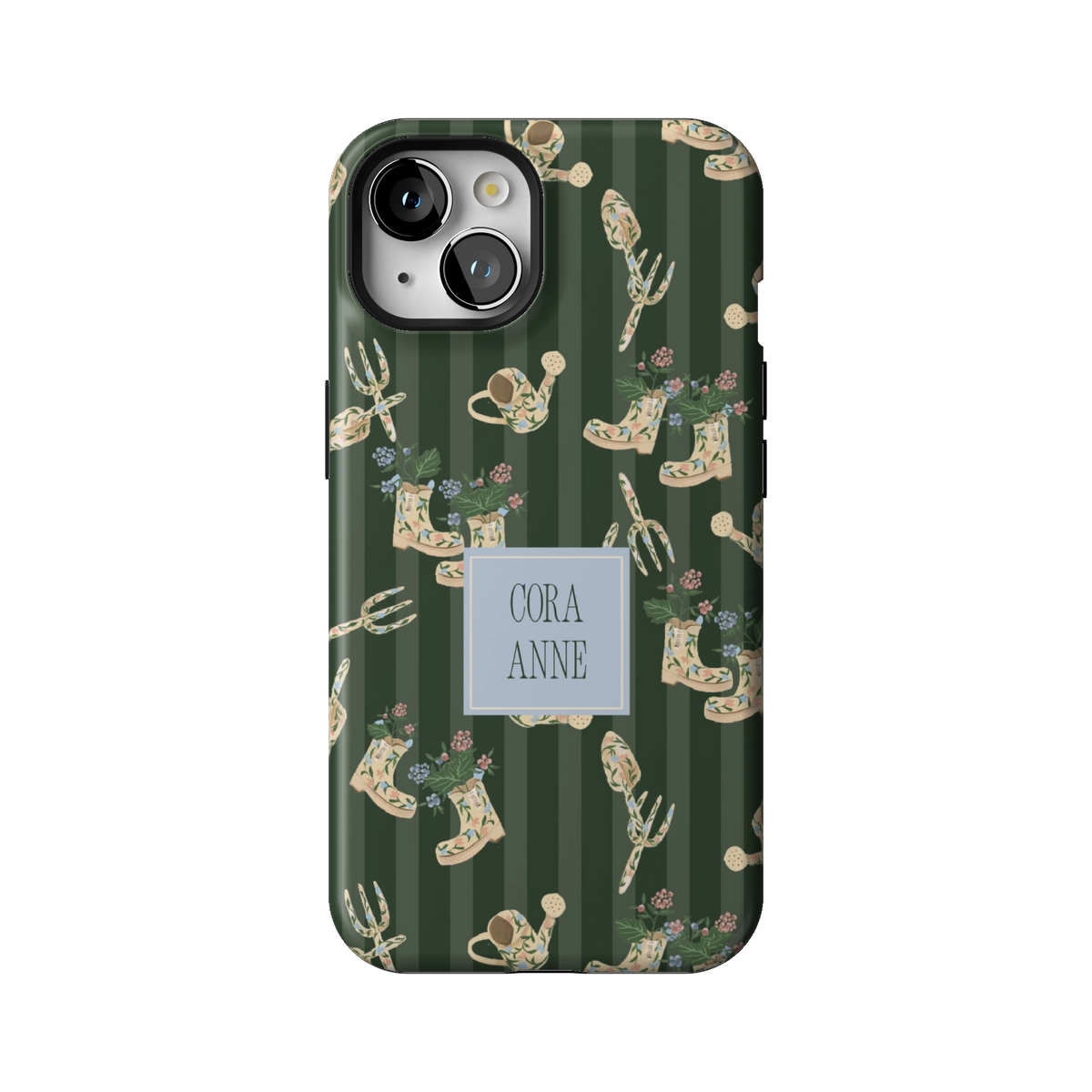 In the Garden Personalized case on iPhone 13, back view: garden boots, tools and florals on forest green stripes with the name Cora Anne