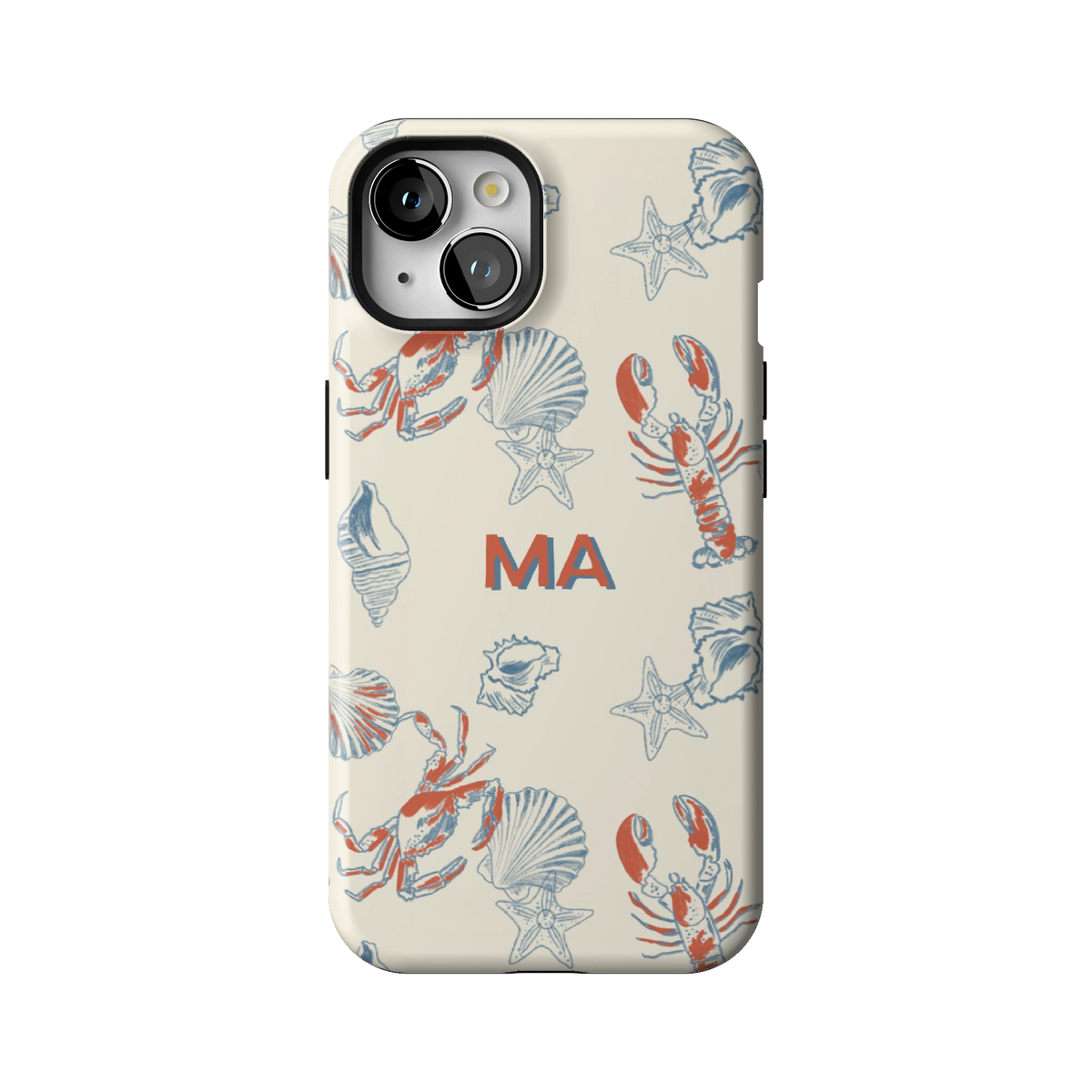Mariner Personalized case on iPhone 13, back view: red lobsters, blue crabs and seashells on cream with the initials MA