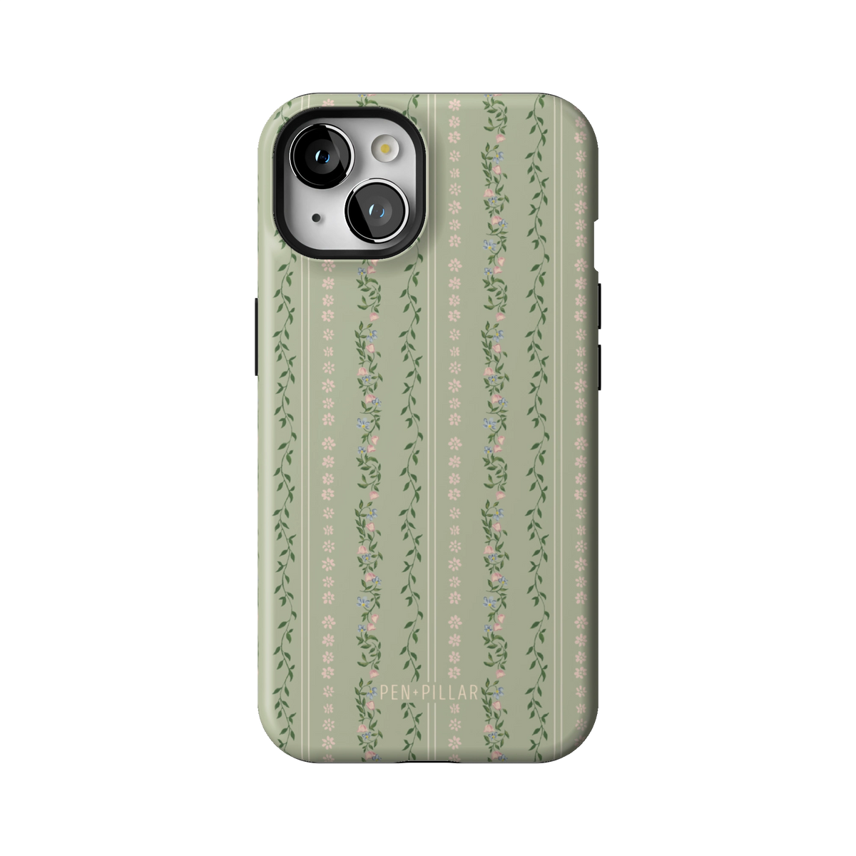 Camellia case on iPhone 13, back view: sage green with soft floral stripes