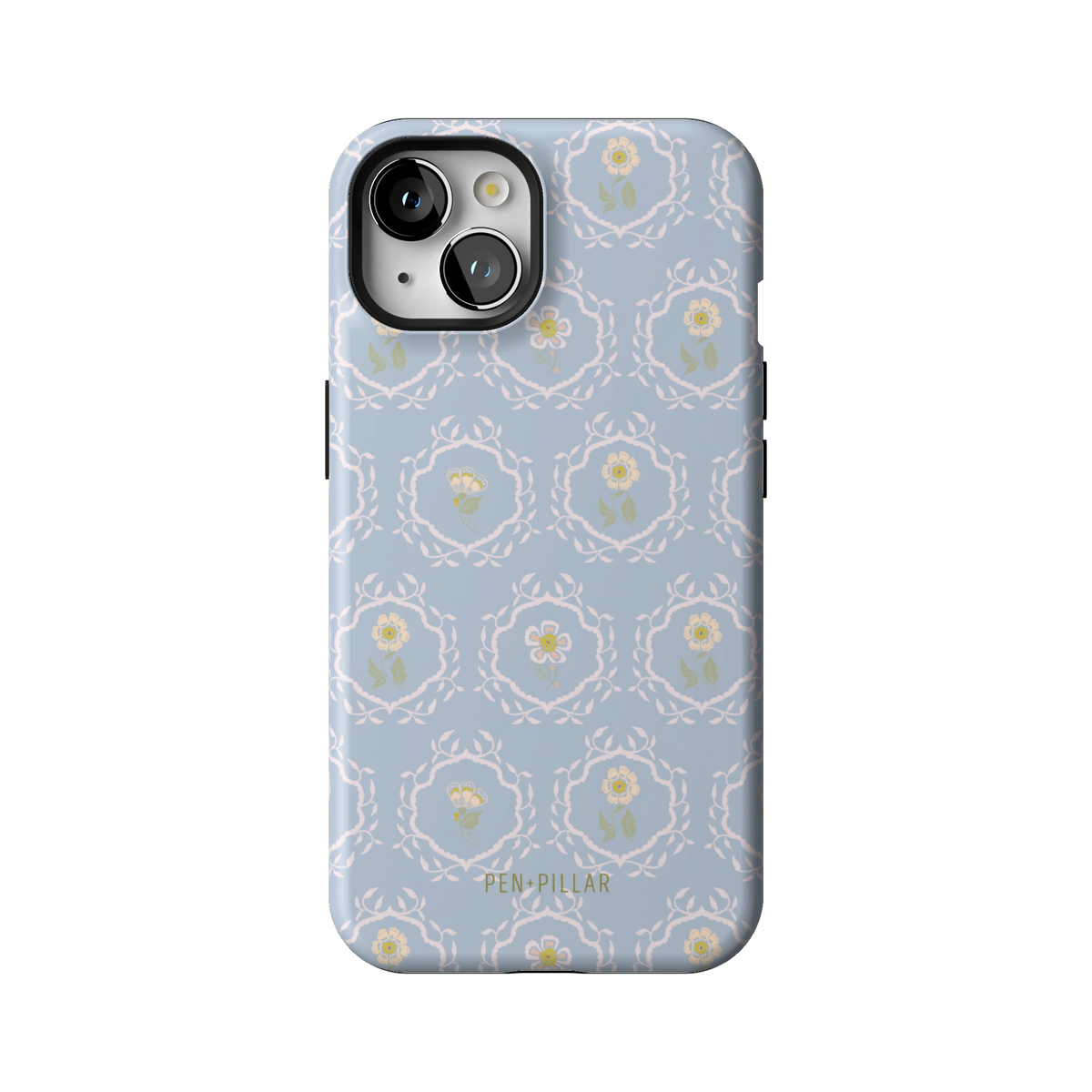 Merrigold case on iPhone 13, back view: small white florals in a lattice on pale blue