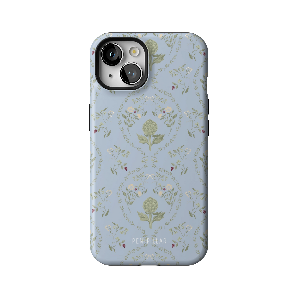 Artichoke case on iPhone 13, back view: soft green artichokes in a vintage trellis on dusty blue