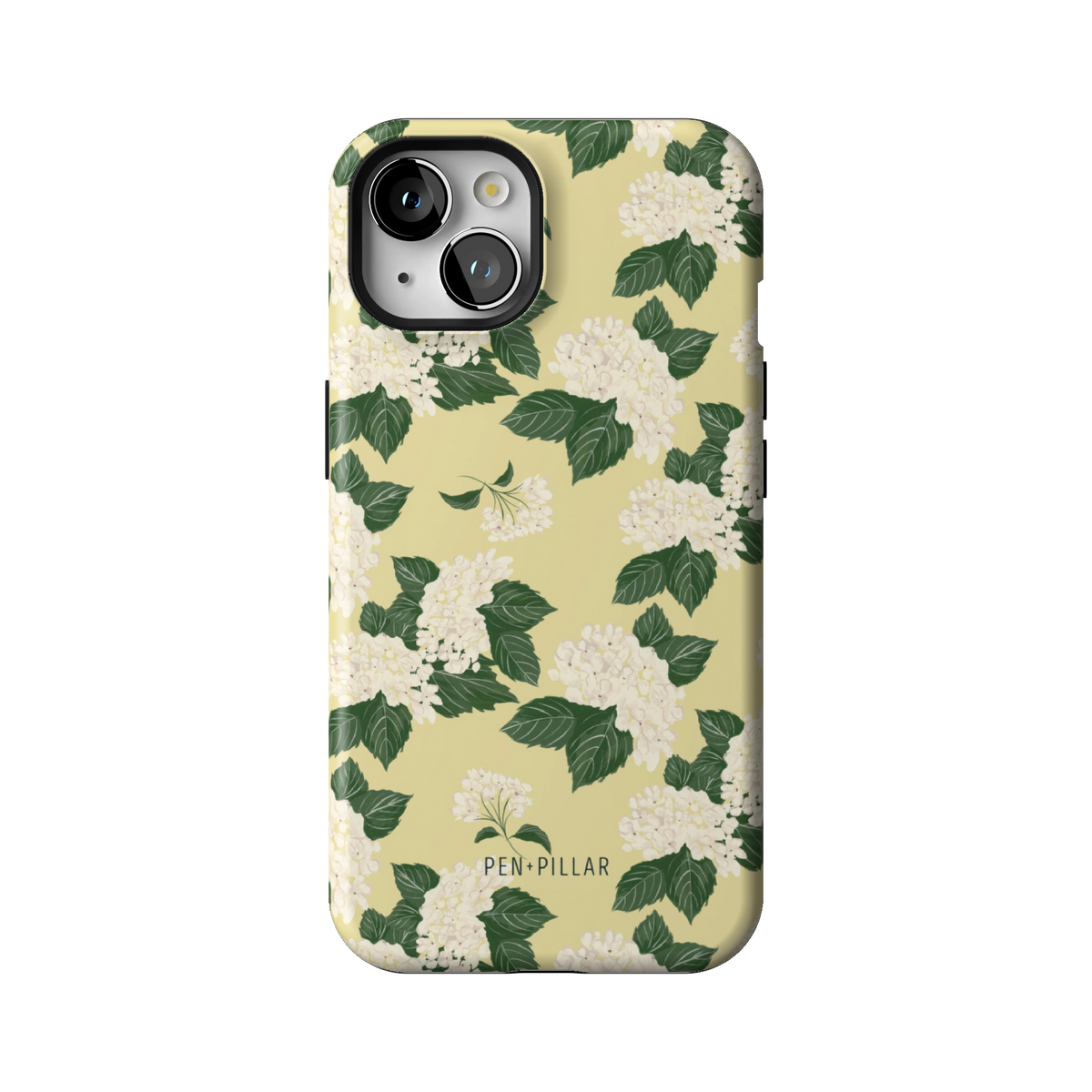 Hydrangea case on iPhone 13, back view: white hydrangeas and green leaves on buttery yellow