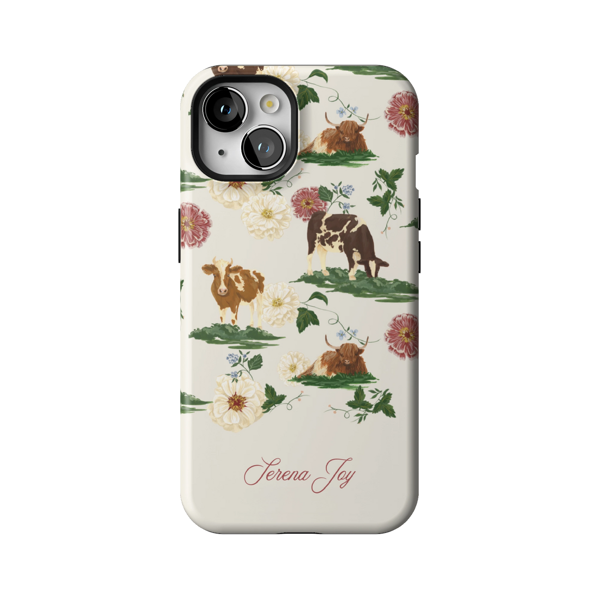 Pasture Personalized case on iPhone 13, back view: cows and dahlias in a countryside scene on cream with a name in script